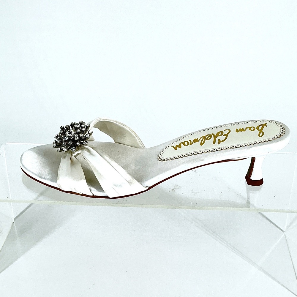 Sam Edelman Size 7.5 White Satin Rhinestone Kitten Heel Slide Mules Cindie - Picture 6 of 13